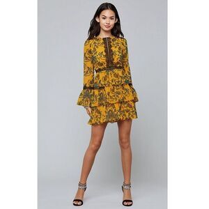 Bebe Floral Chiffon Tiered Mini Dress Size Large Bell Sleeve Yellow Blue